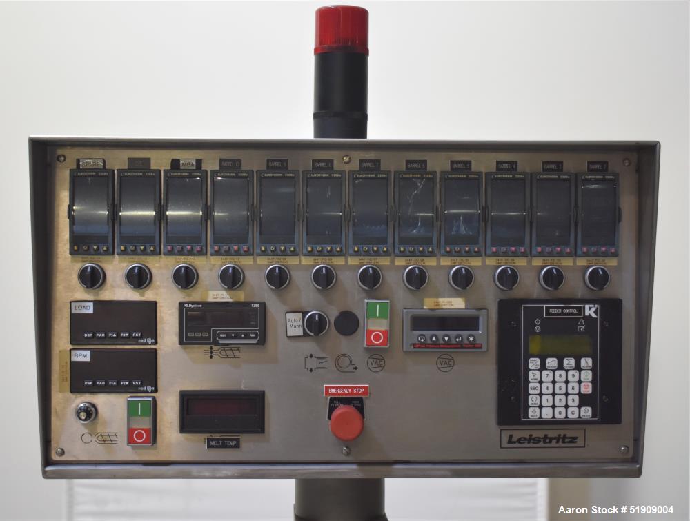 Used Leistritz Twin Screw Extruder, Model MIC 27/GG-40D. Throughput rates approximate 10 to 80 lbs/hr. 40:1 L/D. (2) Screws approximate 27mm (1") diameter x 48" long, Co-rotating. Electrically heated...