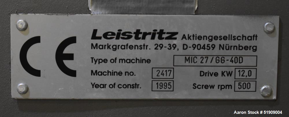 Used Leistritz Twin Screw Extruder, Model MIC 27/GG-40D. Throughput rates approximate 10 to 80 lbs/hr. 40:1 L/D. (2) Screws approximate 27mm (1") diameter x 48" long, Co-rotating. Electrically heated...