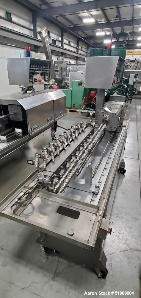 Used Leistritz Twin Screw Extruder, Model MIC 27/GG-40D. Throughput rates approximate 10 to 80 lbs/hr. 40:1 L/D. (2) Screws approximate 27mm (1") diameter x 48" long, Co-rotating. Electrically heated...
