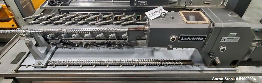 Used Leistritz Twin Screw Extruder, Model MIC 27/GG-40D. Throughput rates approximate 10 to 80 lbs/hr. 40:1 L/D. (2) Screws approximate 27mm (1") diameter x 48" long, Co-rotating. Electrically heated...