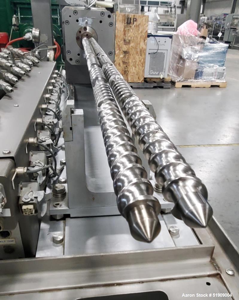 Used Leistritz Twin Screw Extruder, Model MIC 27/GG-40D. Throughput rates approximate 10 to 80 lbs/hr. 40:1 L/D. (2) Screws approximate 27mm (1") diameter x 48" long, Co-rotating. Electrically heated...