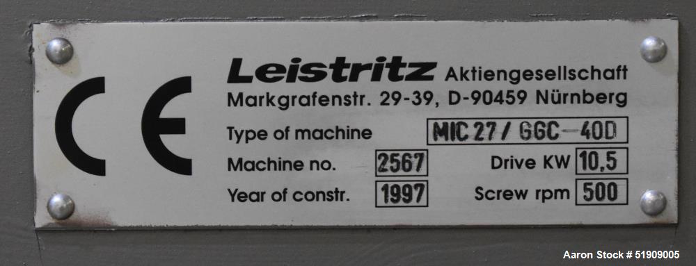 Used- Leistritz Twin Screw Extruder, Model MIC 27/GGC-40D. Throughput rates approximate 10 to 80 lbs/hr. 40:1 L/D. (2) Screw...