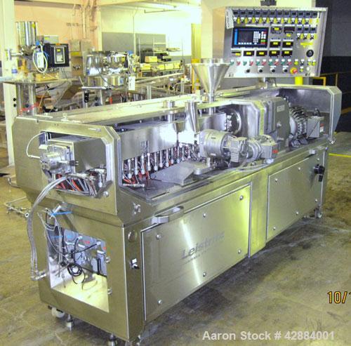 Used Leistritz Model Micro-27/GL-48D Twin Screw Extruder. Manufactured new in 2006. 27mm screw diameter segmented and arranged to 48:1 L/D ratio. 500 rpm max screw speed. Gearbox currently arranged f...