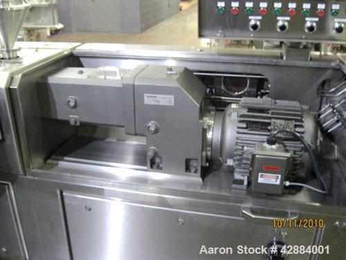 Used Leistritz Model Micro-27/GL-48D Twin Screw Extruder. Manufactured new in 2006. 27mm screw diameter segmented and arranged to 48:1 L/D ratio. 500 rpm max screw speed. Gearbox currently arranged f...
