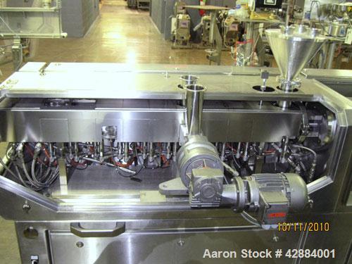 Used Leistritz Model Micro-27/GL-48D Twin Screw Extruder. Manufactured new in 2006. 27mm screw diameter segmented and arranged to 48:1 L/D ratio. 500 rpm max screw speed. Gearbox currently arranged f...
