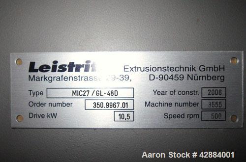 Used Leistritz Model Micro-27/GL-48D Twin Screw Extruder. Manufactured new in 2006. 27mm screw diameter segmented and arranged to 48:1 L/D ratio. 500 rpm max screw speed. Gearbox currently arranged f...