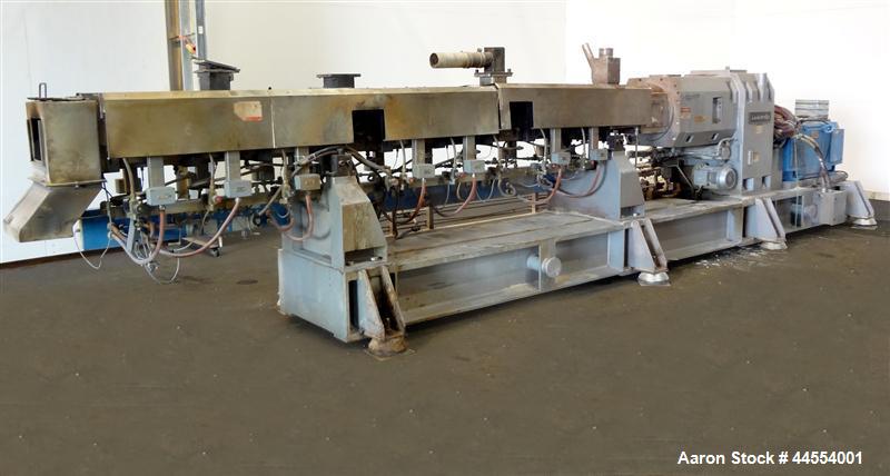 Used Leistritz 99.6mm Co-Rotating Twin Screw Extruder, Model ZSE100GL/40D, serial# 3141, built 2002. Approximately 40 to 1 L/D ratio. Electrically heated, water cooled. 9 Barrel zones, (1) top vented...
