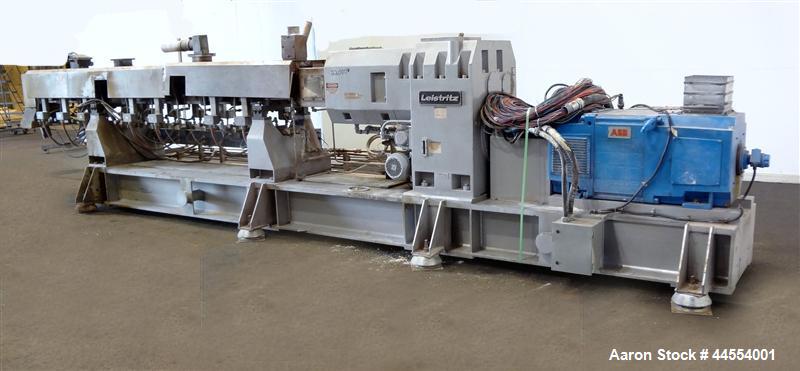 Used Leistritz 99.6mm Co-Rotating Twin Screw Extruder, Model ZSE100GL/40D, serial# 3141, built 2002. Approximately 40 to 1 L/D ratio. Electrically heated, water cooled. 9 Barrel zones, (1) top vented...