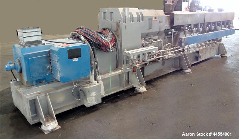 Used Leistritz 99.6mm Co-Rotating Twin Screw Extruder, Model ZSE100GL/40D, serial# 3141, built 2002. Approximately 40 to 1 L/D ratio. Electrically heated, water cooled. 9 Barrel zones, (1) top vented...