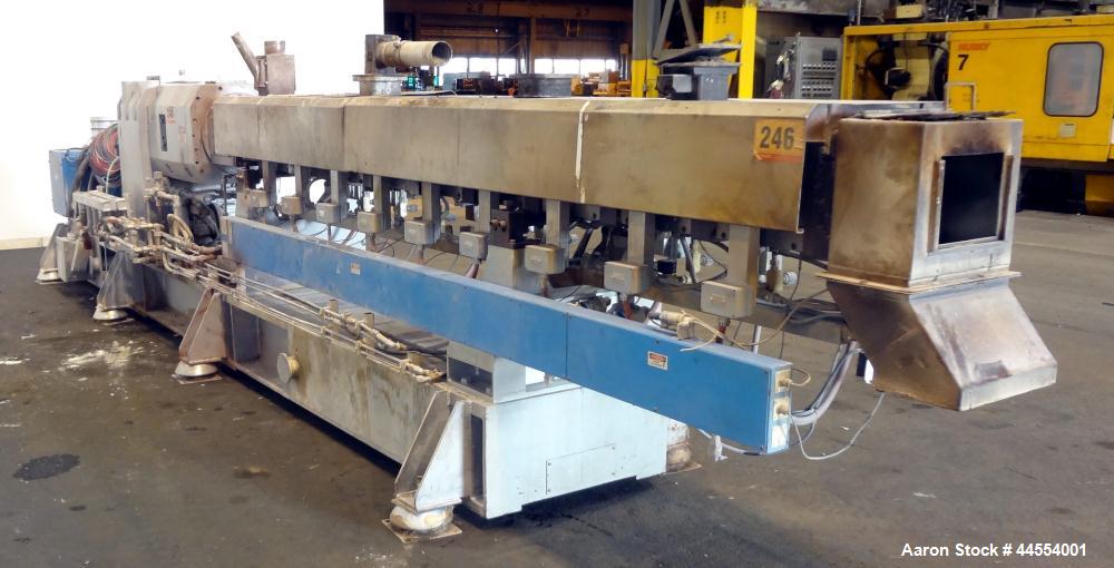 Used Leistritz 99.6mm Co-Rotating Twin Screw Extruder, Model ZSE100GL/40D, serial# 3141, built 2002. Approximately 40 to 1 L/D ratio. Electrically heated, water cooled. 9 Barrel zones, (1) top vented...