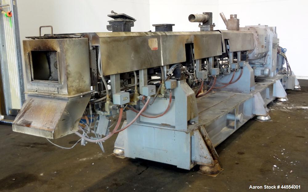 Used Leistritz 99.6mm Co-Rotating Twin Screw Extruder, Model ZSE100GL/40D, serial# 3141, built 2002. Approximately 40 to 1 L/D ratio. Electrically heated, water cooled. 9 Barrel zones, (1) top vented...