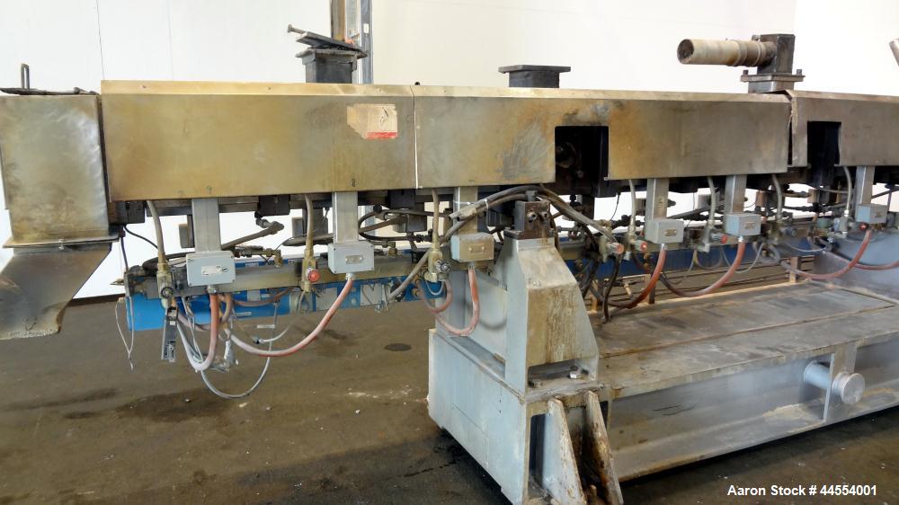 Used Leistritz 99.6mm Co-Rotating Twin Screw Extruder, Model ZSE100GL/40D, serial# 3141, built 2002. Approximately 40 to 1 L/D ratio. Electrically heated, water cooled. 9 Barrel zones, (1) top vented...