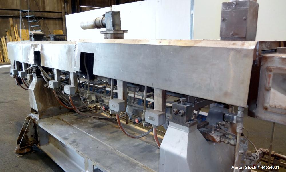 Used Leistritz 99.6mm Co-Rotating Twin Screw Extruder, Model ZSE100GL/40D, serial# 3141, built 2002. Approximately 40 to 1 L/D ratio. Electrically heated, water cooled. 9 Barrel zones, (1) top vented...