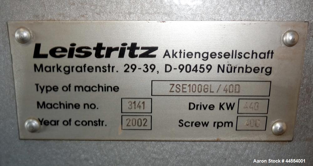 Used Leistritz 99.6mm Co-Rotating Twin Screw Extruder, Model ZSE100GL/40D, serial# 3141, built 2002. Approximately 40 to 1 L/D ratio. Electrically heated, water cooled. 9 Barrel zones, (1) top vented...