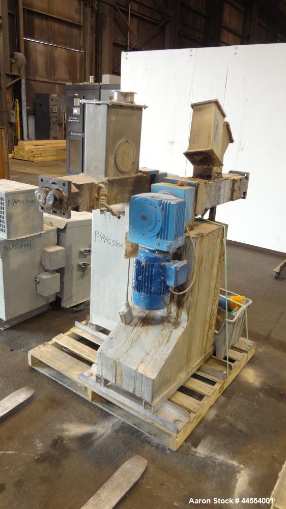 Used Leistritz 99.6mm Co-Rotating Twin Screw Extruder, Model ZSE100GL/40D, serial# 3141, built 2002. Approximately 40 to 1 L/D ratio. Electrically heated, water cooled. 9 Barrel zones, (1) top vented...
