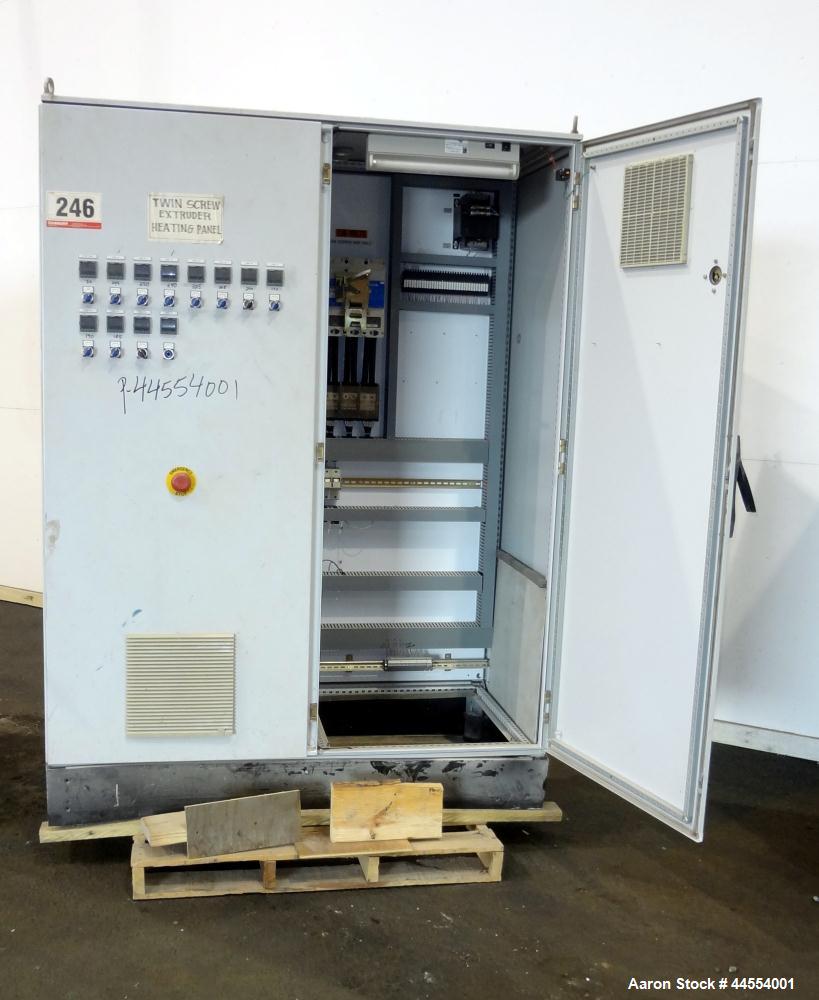 Used Leistritz 99.6mm Co-Rotating Twin Screw Extruder, Model ZSE100GL/40D, serial# 3141, built 2002. Approximately 40 to 1 L/D ratio. Electrically heated, water cooled. 9 Barrel zones, (1) top vented...