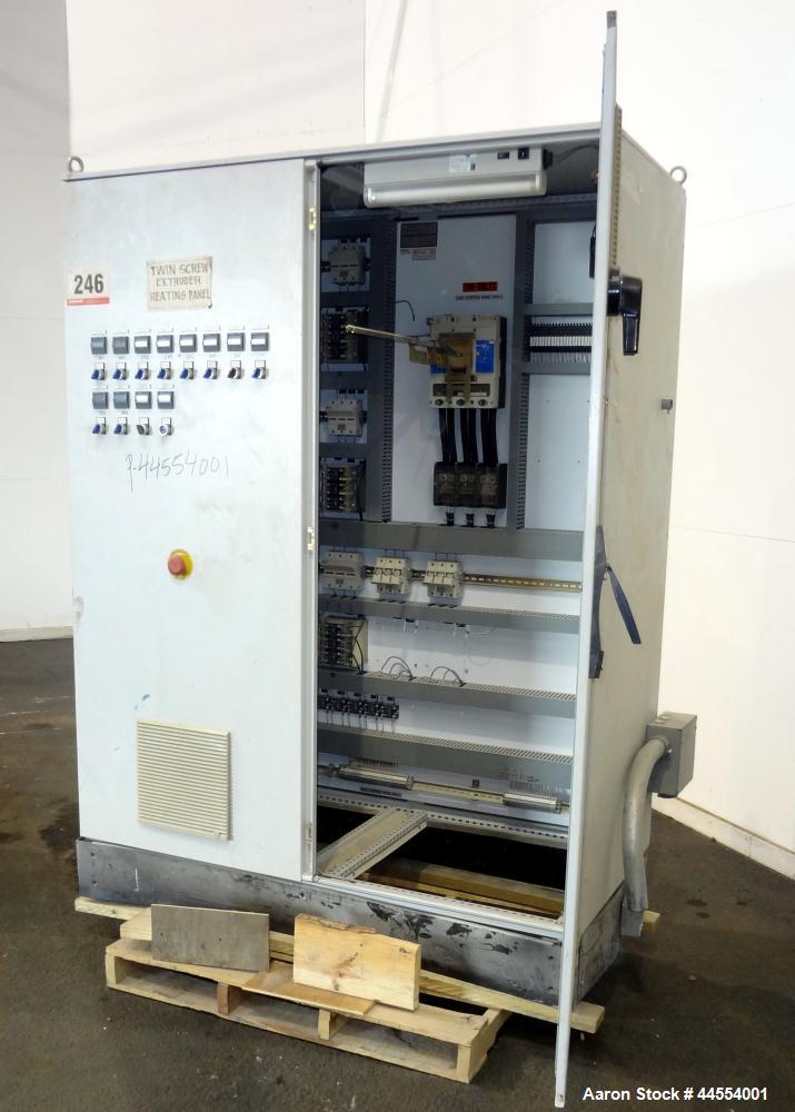 Used Leistritz 99.6mm Co-Rotating Twin Screw Extruder, Model ZSE100GL/40D, serial# 3141, built 2002. Approximately 40 to 1 L/D ratio. Electrically heated, water cooled. 9 Barrel zones, (1) top vented...