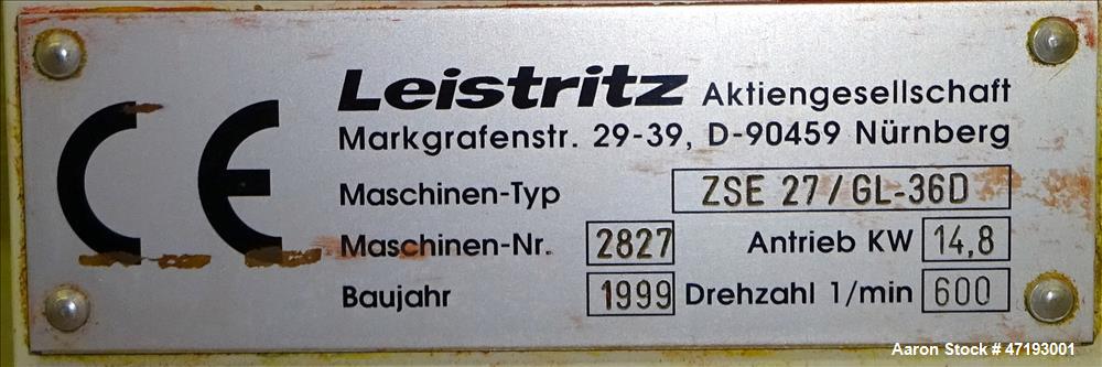 Used Leistritz 27mm Co-Rotating Twin Screw Extruder, Model ZSE 27/GL-36D. 36:1