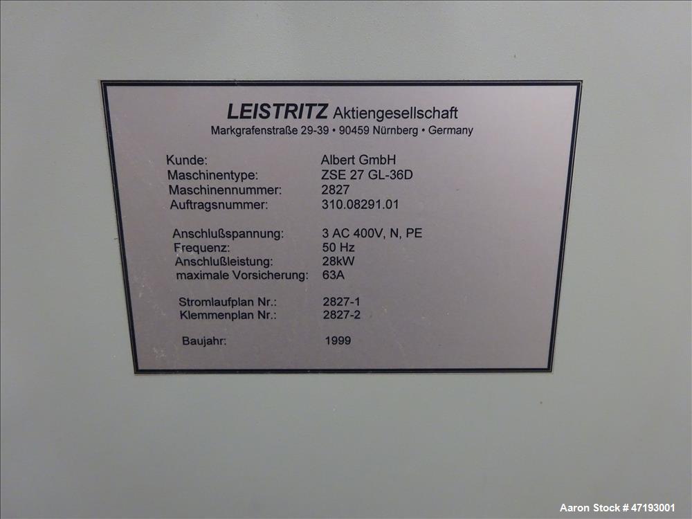 Used Leistritz 27mm Co-Rotating Twin Screw Extruder, Model ZSE 27/GL-36D. 36:1