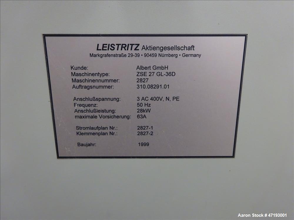 Used- Leistritz 27mm Co-Rotating Twin Screw Extruder, Model ZSE 27/GL-36D. 36:1