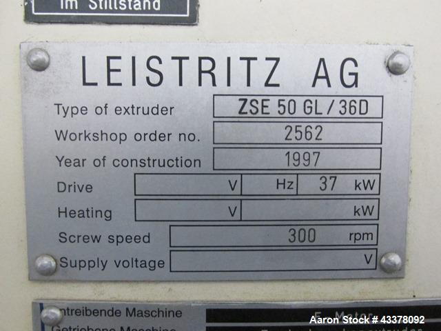 Used Leistriz Twin Screw Extruder, Model ZSE 50 GL/36D. 50 mm Screws, co-rotating, 36 to 1 L/D, (9) total barrel segments with (1) feed, (1) vented, (7) non vented segments, 300 maximum rpm, 7.38 to ...