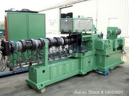 Used Maris Twin Screw Co-Rotating Extruder with control panel. Screw diameter 2.5" (64 mm), L/D 32, motor 120 hp/90 kW DC, with 300 rpm. Included spare parts:  (1) set of screws, heather bands and do...