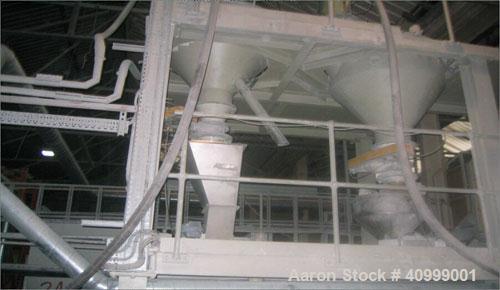 Used Maris Twin Screw Extrusion Line, Type TM70W/020391. 70mm, 36:1 L/D. Electrically heated, water cooled. Max screw speed 525 via a gearbox by a 180 kW-400 volt/50 cycle/3 ph main motor. Frame moun...