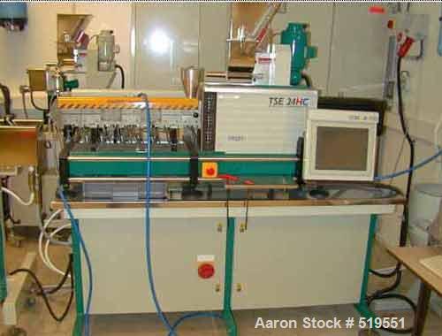 USED: Prism lab size twin screw extruder, type 24HC. 40:1 L/D,co-rotating. Output 22-110 lbs (10-50 kgs) per hour. 0.94" diameter x37.5" straight side (24mm diameter x 960mm straight side) twinscrews...