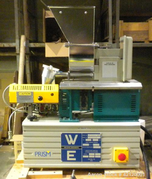 Used Prism 16mm Twin Screw Extruder, Model TSE-16-TC. Co-rotating intermeshing side by side screw design. Approximate 15 to 1 L/D ratio. Clam sheel design barrel. Wtare cooled feed section. Electrica...