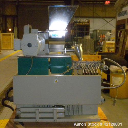 Used Prism 16mm Twin Screw Extruder, Model TSE-16-TC. Co-rotating intermeshing side by side screw design. Approximate 15 to 1 L/D ratio. Clam sheel design barrel. Wtare cooled feed section. Electrica...