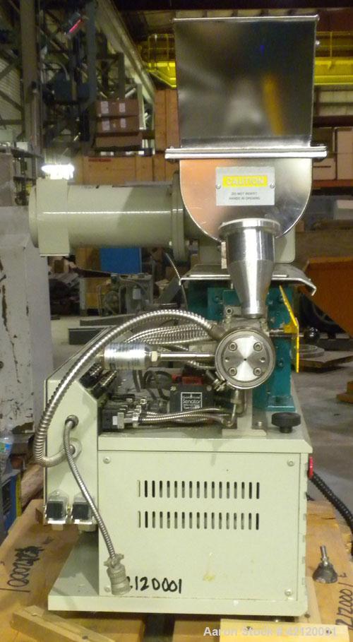 Used Prism 16mm Twin Screw Extruder, Model TSE-16-TC. Co-rotating intermeshing side by side screw design. Approximate 15 to 1 L/D ratio. Clam sheel design barrel. Wtare cooled feed section. Electrica...