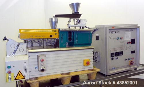 Used Prism 16mm Twin Screw Extruder, Model TSE-16. Co-rotating intermeshing side by side screw design. Approximate 15 to 1 L/D ratio. Clam shell design barrel. Water cooled feed section. Electrically...