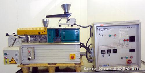 Used Prism 16mm Twin Screw Extruder, Model TSE-16. Co-rotating intermeshing side by side screw design. Approximate 15 to 1 L/D ratio. Clam shell design barrel. Water cooled feed section. Electrically...