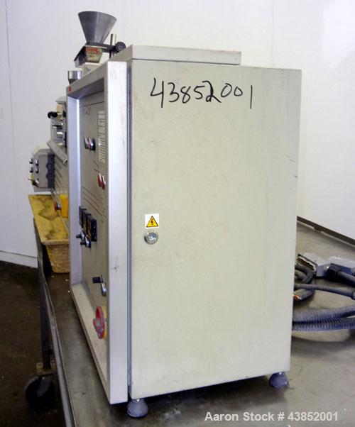 Used Prism 16mm Twin Screw Extruder, Model TSE-16. Co-rotating intermeshing side by side screw design. Approximate 15 to 1 L/D ratio. Clam shell design barrel. Water cooled feed section. Electrically...