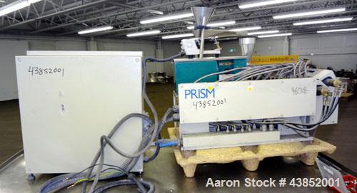 Used Prism 16mm Twin Screw Extruder, Model TSE-16. Co-rotating intermeshing side by side screw design. Approximate 15 to 1 L/D ratio. Clam shell design barrel. Water cooled feed section. Electrically...