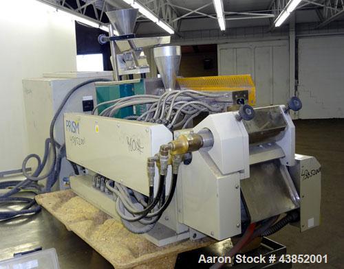 Used Prism 16mm Twin Screw Extruder, Model TSE-16. Co-rotating intermeshing side by side screw design. Approximate 15 to 1 L/D ratio. Clam shell design barrel. Water cooled feed section. Electrically...