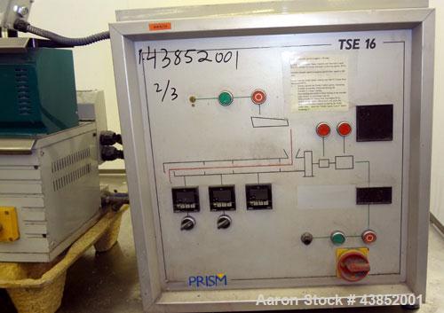 Used Prism 16mm Twin Screw Extruder, Model TSE-16. Co-rotating intermeshing side by side screw design. Approximate 15 to 1 L/D ratio. Clam shell design barrel. Water cooled feed section. Electrically...