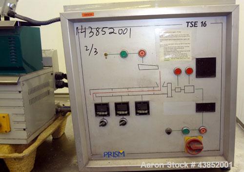 Used- Prism 16mm Twin Screw Extruder, Model TSE-16. Co-rotating intermeshing side by side screw design. Approximate 15 to 1 ...