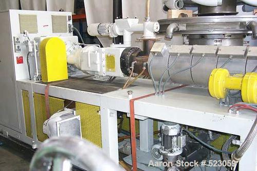USED: Reifenhaeuser 3.54" twin screw extruder, type BT950-2-90-17D.3.54" (90mm) screw diameter, max screw speed 78 rpm, venting port,dosing screw, degassing, motor 95 hp (70 kW), output 400-650 kg,co...