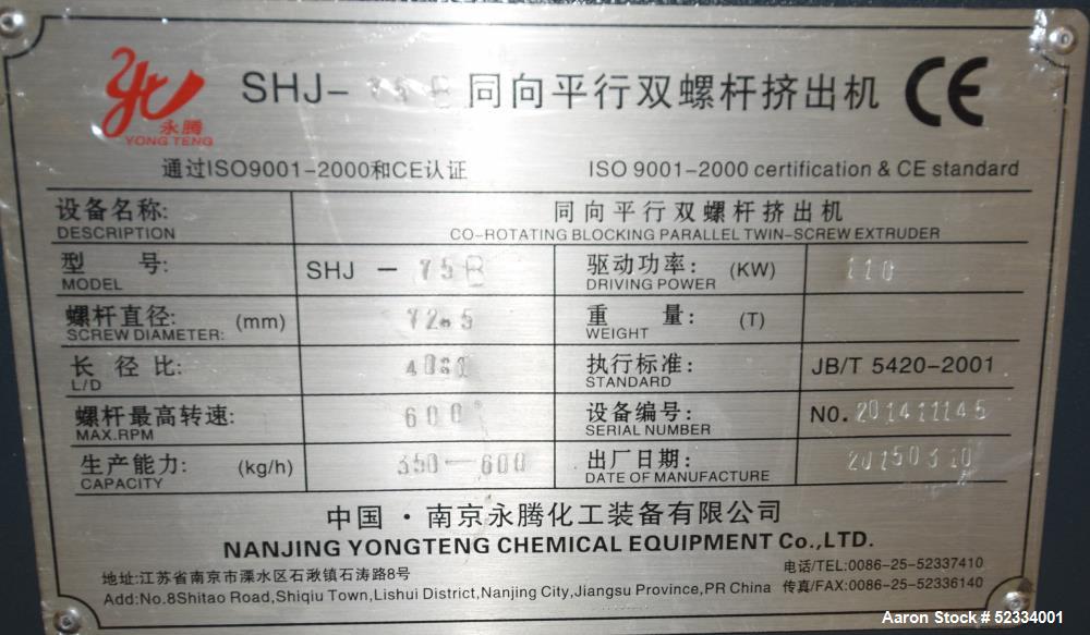 Used Yong Teng 72.5mm Co-Rotating Blocking Parallel Twin Screw Extruder
