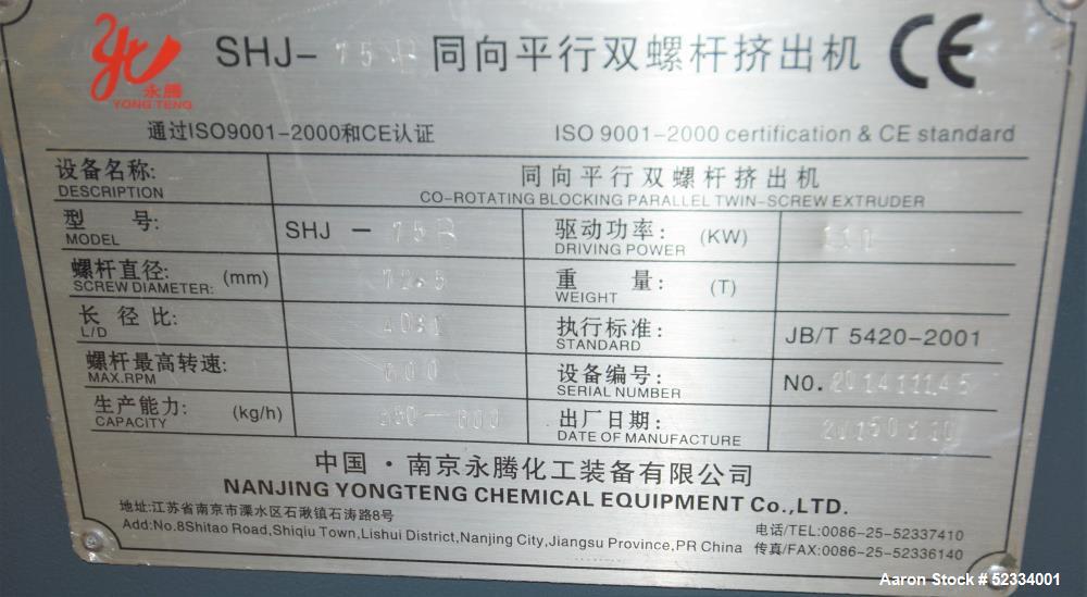 Used Yong Teng 72.5mm Co-Rotating Blocking Parallel Twin Screw Extruder