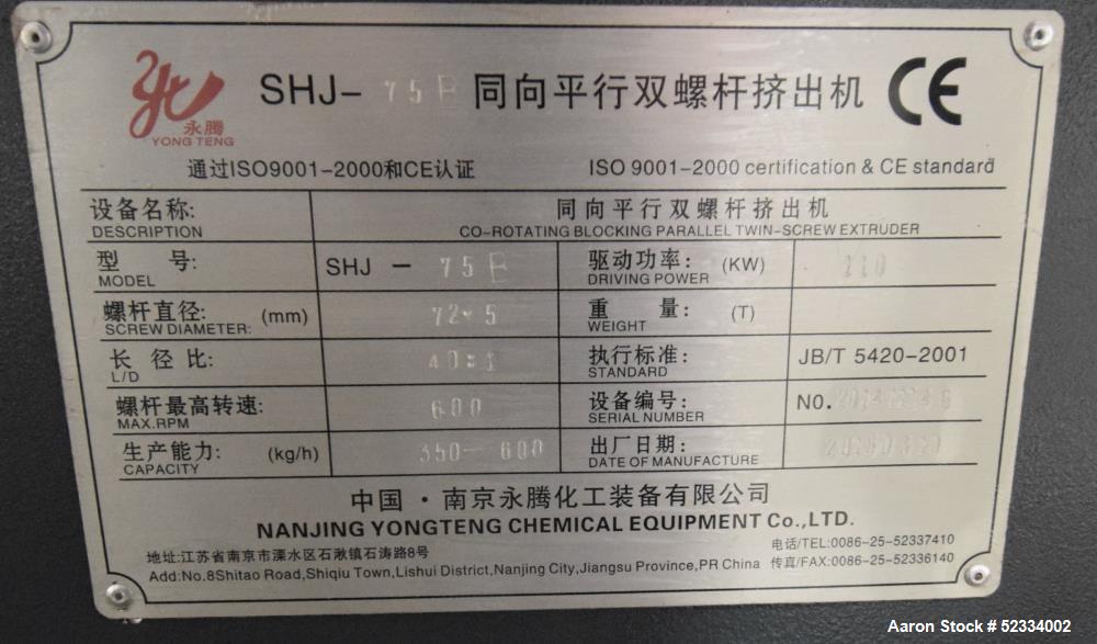 Used Yong Teng 72.5mm Co-Rotating Blocking Parallel Twin Screw Extruder