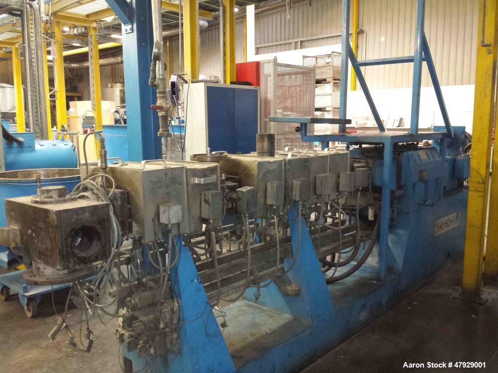 Used Theysohn Twin Screw Extruder, Type N 60-36D 5096. 2.34" (60mm) diameter 33:1 L/D. Co-rotating. 8 housing sections, electrically heated, water cooled. (1) Vent port. Max screw speed 450 RPM via a...