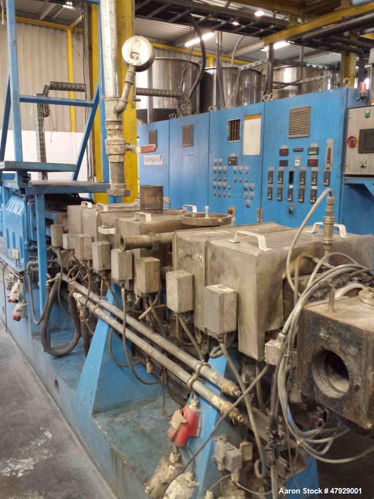 Used Theysohn Twin Screw Extruder, Type N 60-36D 5096. 2.34" (60mm) diameter 33:1 L/D. Co-rotating. 8 housing sections, electrically heated, water cooled. (1) Vent port. Max screw speed 450 RPM via a...
