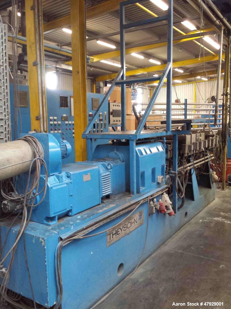 Used Theysohn Twin Screw Extruder, Type N 60-36D 5096. 2.34" (60mm) diameter 33:1 L/D. Co-rotating. 8 housing sections, electrically heated, water cooled. (1) Vent port. Max screw speed 450 RPM via a...
