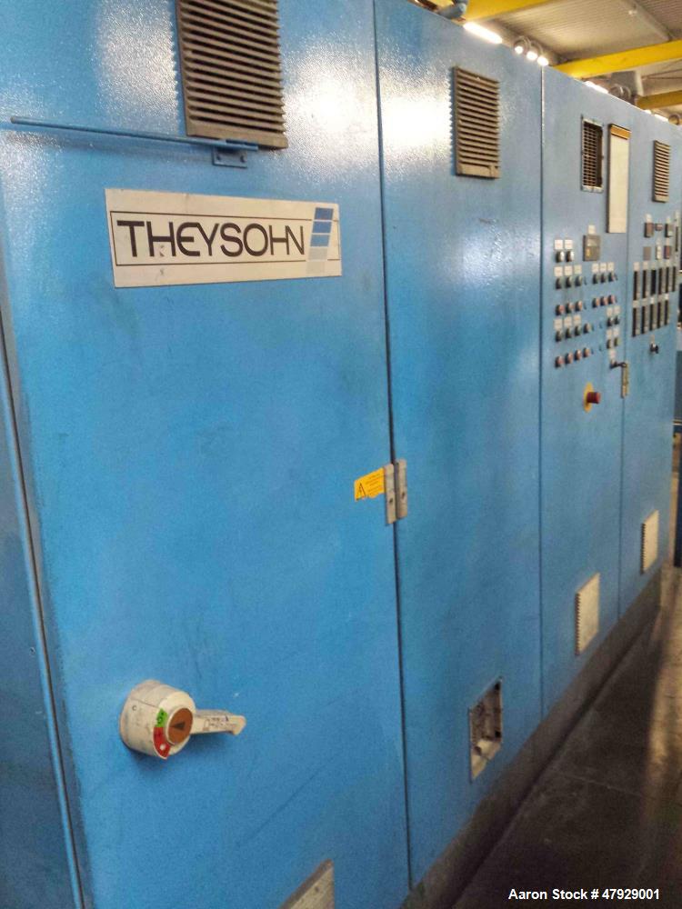 Used Theysohn Twin Screw Extruder, Type N 60-36D 5096. 2.34" (60mm) diameter 33:1 L/D. Co-rotating. 8 housing sections, electrically heated, water cooled. (1) Vent port. Max screw speed 450 RPM via a...