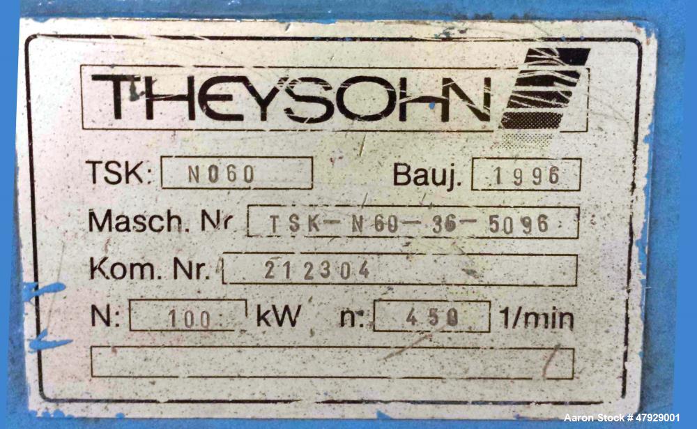 Used Theysohn Twin Screw Extruder, Type N 60-36D 5096. 2.34" (60mm) diameter 33:1 L/D. Co-rotating. 8 housing sections, electrically heated, water cooled. (1) Vent port. Max screw speed 450 RPM via a...