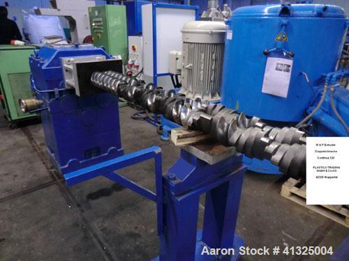 Used Werner Pfleiderer Continua 120 Twin Screw Extruder. Screw diameters 2 x 4.7" (120 mm), L/D 24, 215.5 hp (160 kW), 300 rpm, 3 tempering devices for the screw heating, 5 heating zones, motor contr...