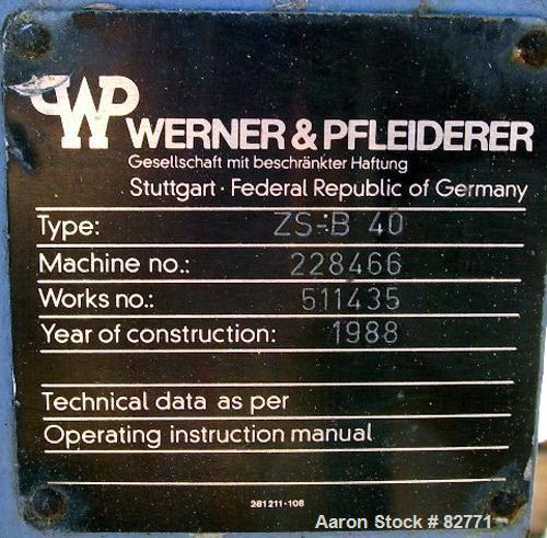 USED: Werner Pfleiderer twin screw side feeder, model ZSB-40. Unit requires 2 shafts and motor. Last used with a 58mm extruder. Mounted on a carbon steel stand. Built 1988.