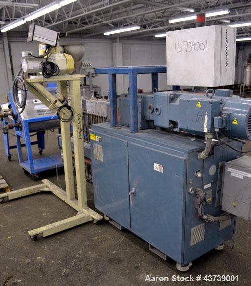 Used Coperion Werner Pfleiderer 25mm Twin Screw Extruder, Type ZSK-25. Manufactured New 2002. Approximate 40 to 1 L/D ratio. Co-Rotating intermeshing side by side screw design. 12 total Barrel sectio...